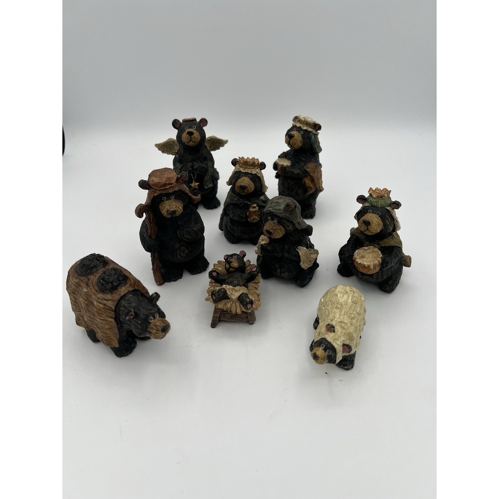 Kurt Adler Bear Nativity Set of 9 Resin Christmas Rustic Cabin Decor READ‎ Flaws